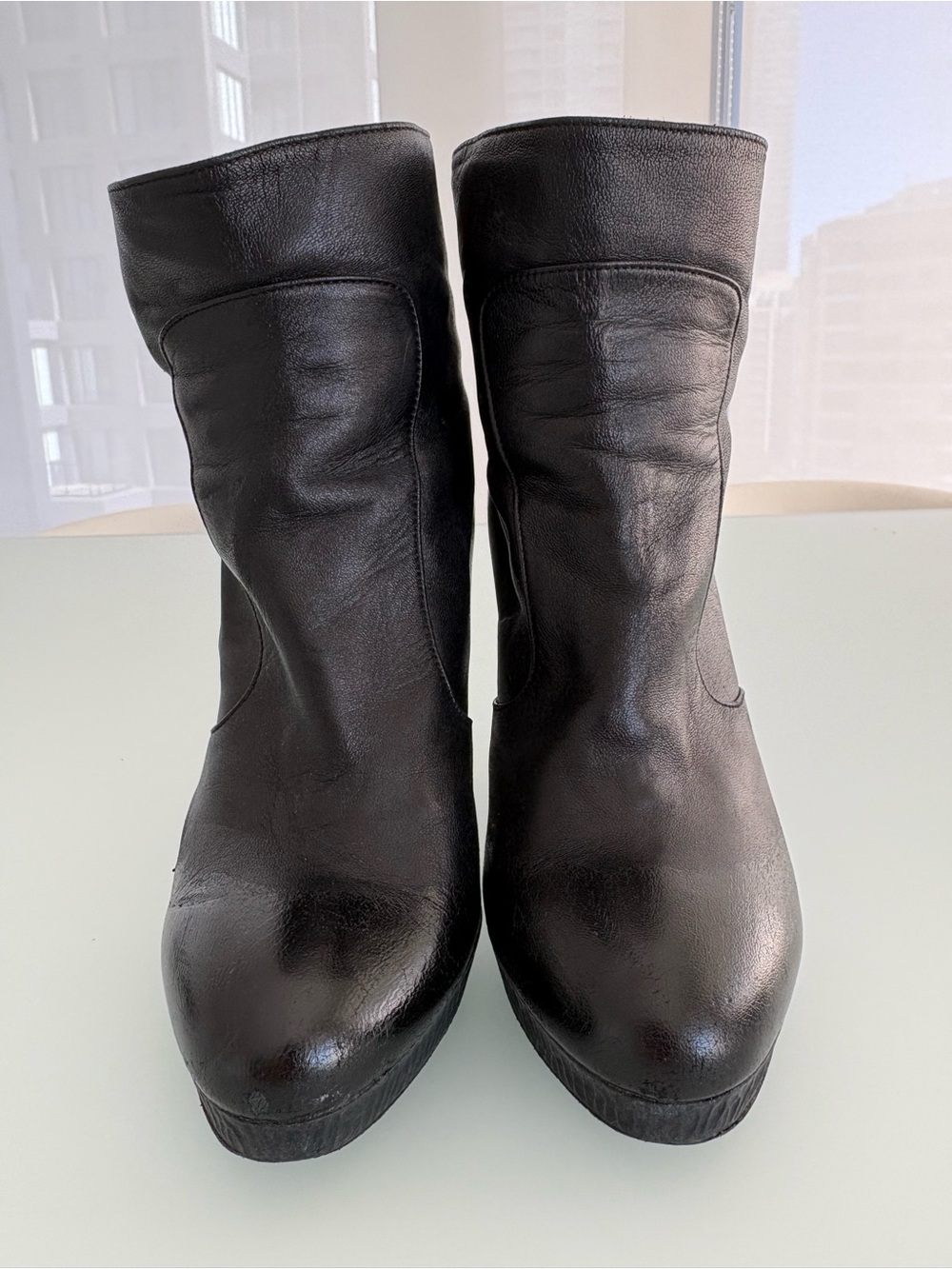 CHANEL Black Leather Mid-Calf Heeled Boots